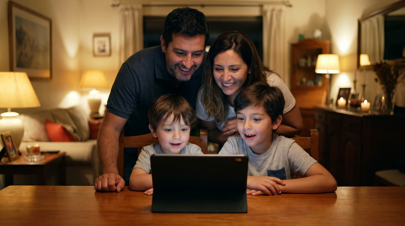 Familia reunida frente a la pantalla