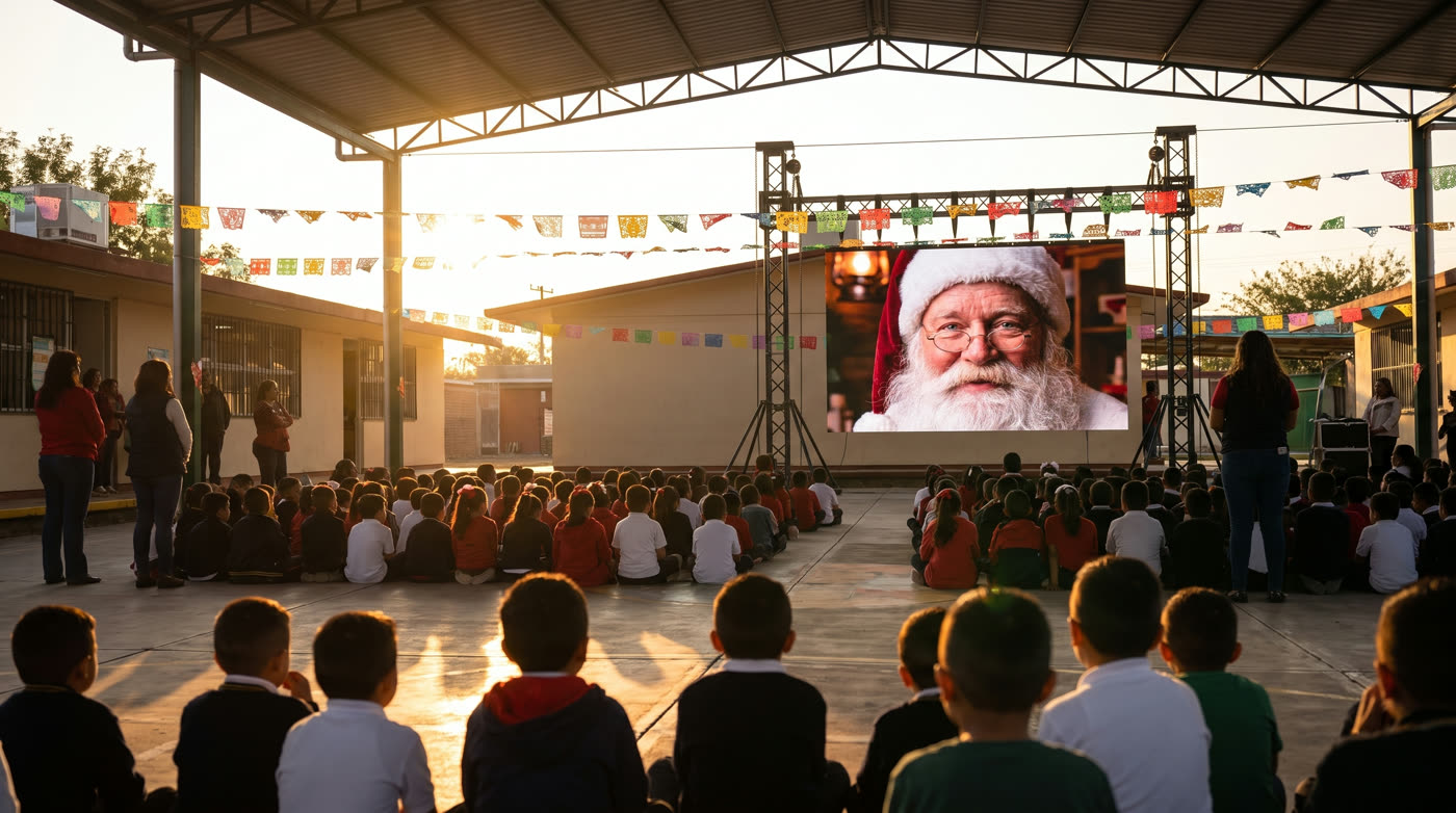 Evento de colegio con el Viejito Pascuero en pantalla
