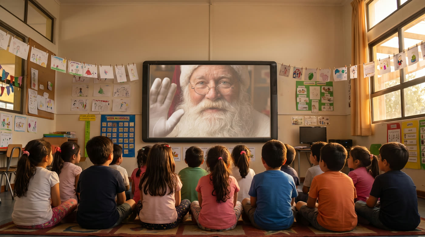 Niños en una sala de clases mirando la pantalla